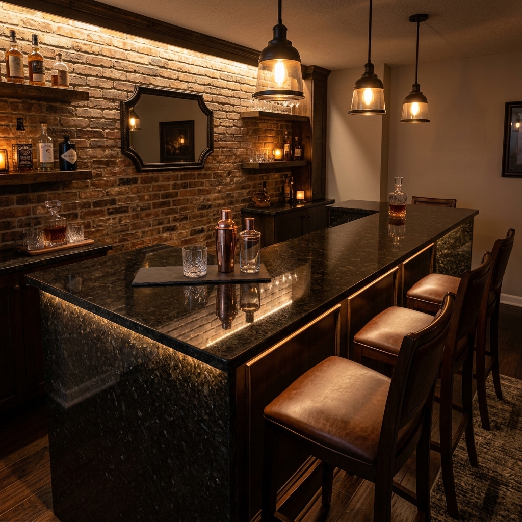Custom granite bar top with warm lighting