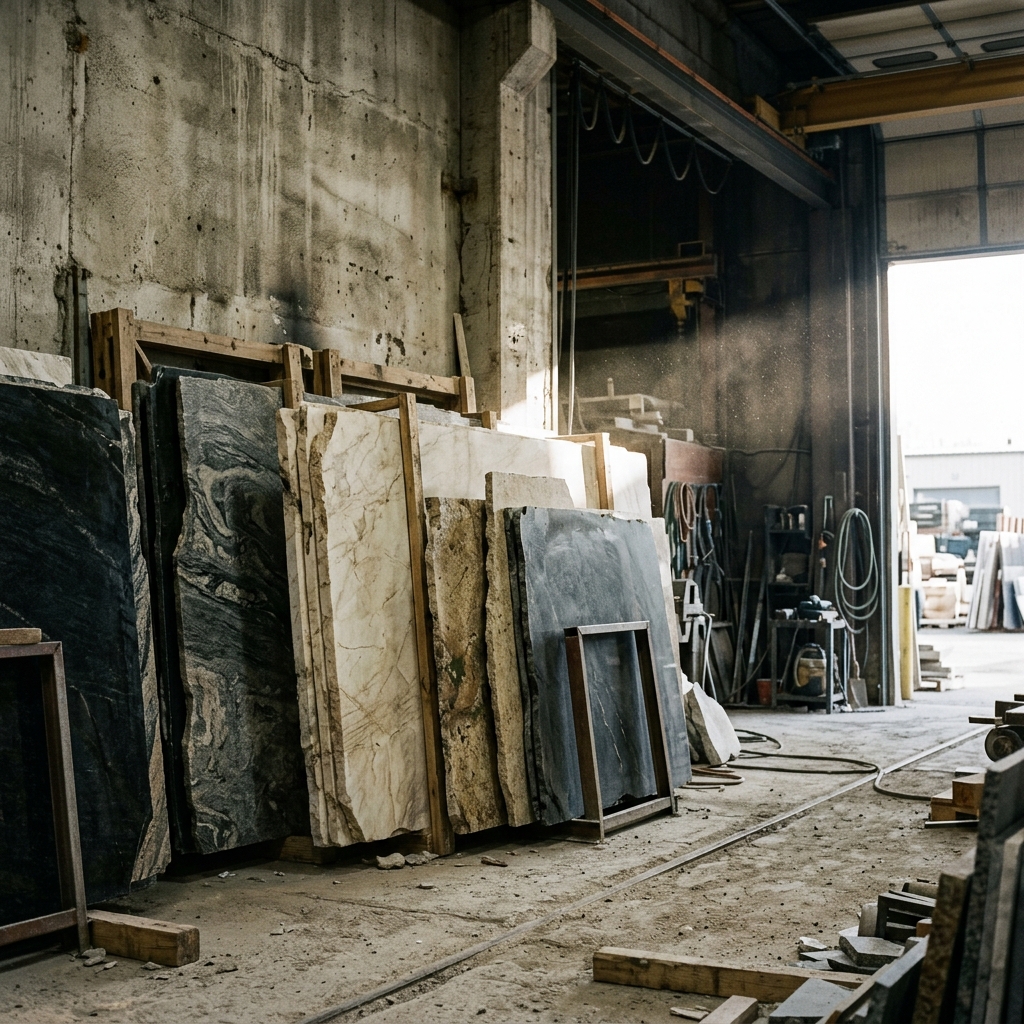 Raw granite slabs in workshop